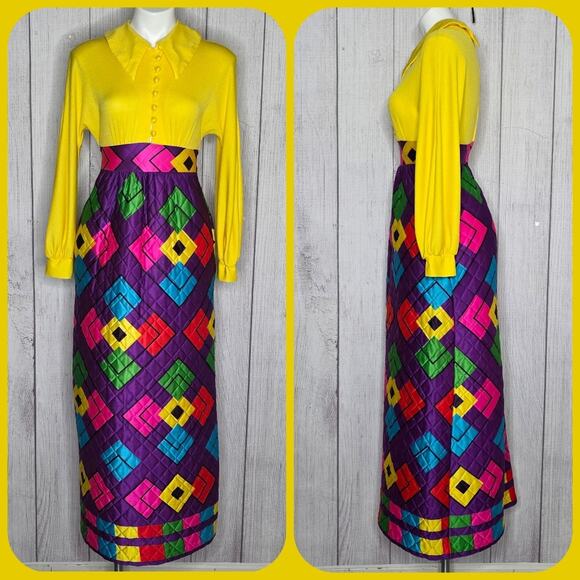 VTG Mr Jac JR by Martin Marks Groovy Maxi Dress - Dagger Collar & Quilted Skirt - Picture 1 of 11